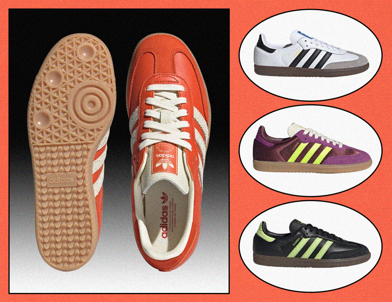 Four colors of adidas Samba OG shoes shown at various angles.