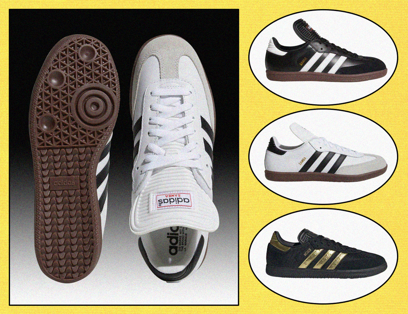 Three colors of adidas Samba Classic shoes shown at various angles.