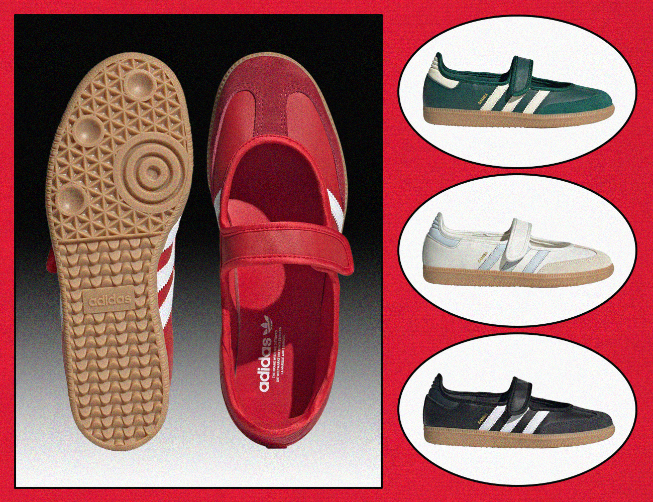 Four colors of adidas Samba Jane shoes shown at various angles.