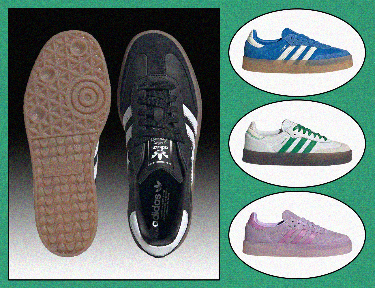 Four colors of adidas Sambae shoes shown at various angles.
