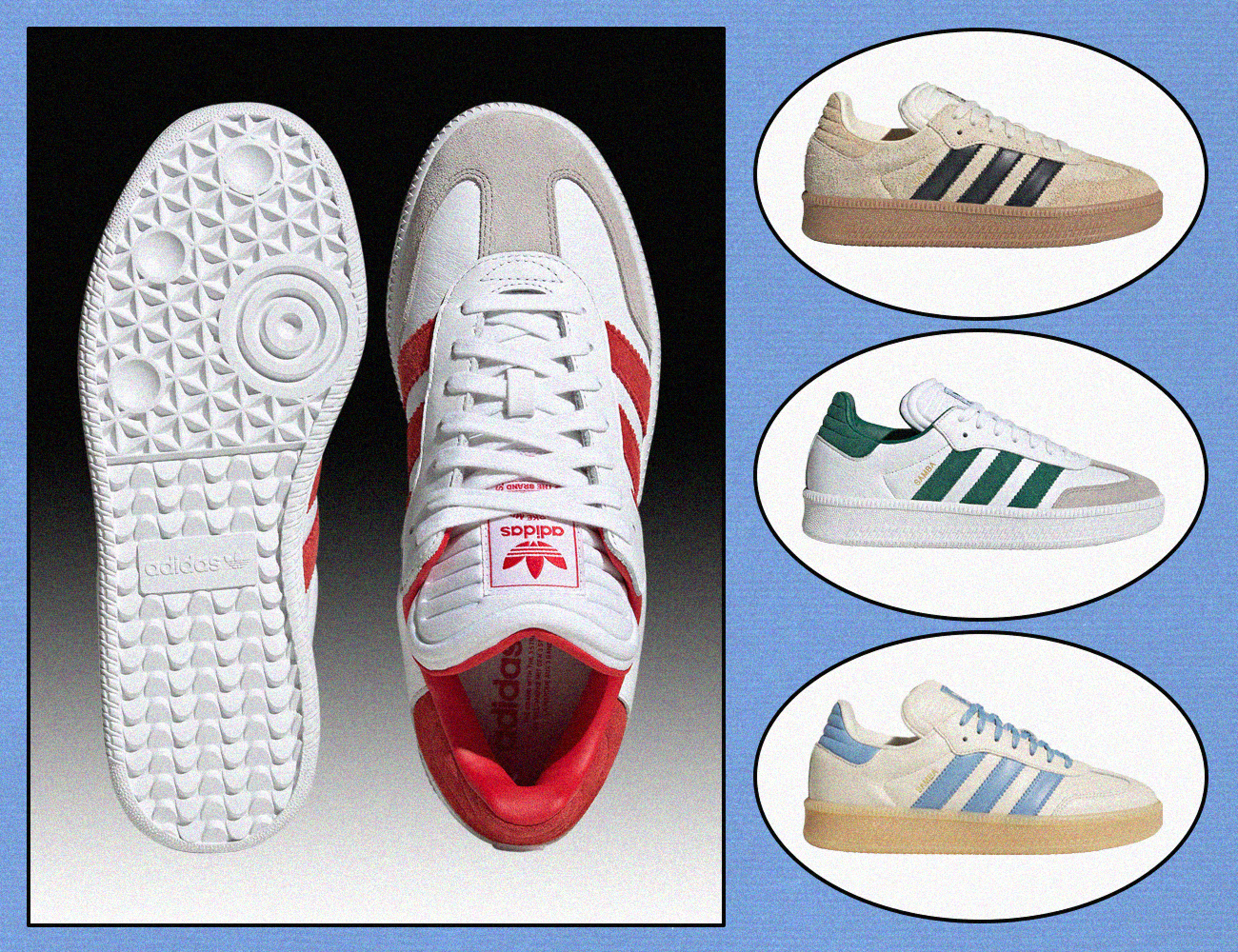 Four colors of adidas Samba XLG shoes shown at various angles.