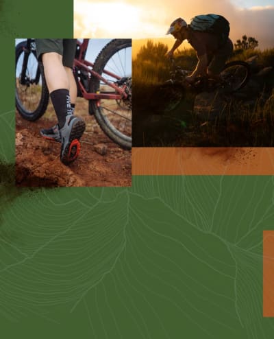 Woman pushing a bike focus on the Trailcross clip in sole. Man riding a bike