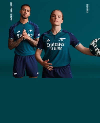 Visual of a male and female pro Arsenal players wearing the new Arsenal 23/24 Third kit.