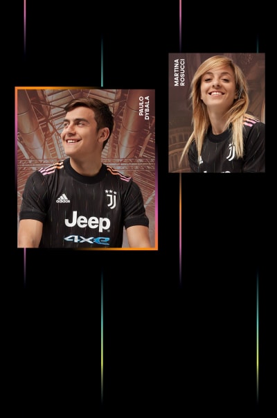 Male and female players wearing the Juventus Away Jersey