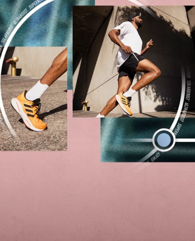 Close-up of a man's leg running forward in adidas running shoes and full-shot of man running outside wearing adidas running shoes.