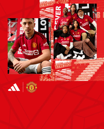 Visual composition of Male pro players and a group of Fans wearing the new Manchester United 23/24 Home kit