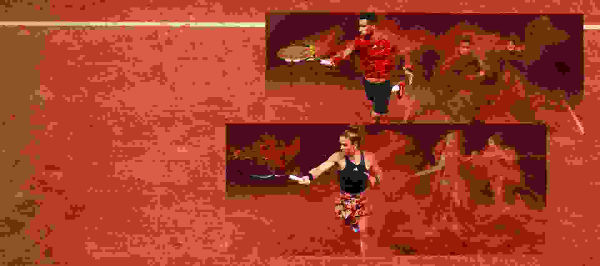 The image depicts two individuals, one wearing a red shirt and the other wearing a blue shirt, running on a rocky, reddish-orange terrain.