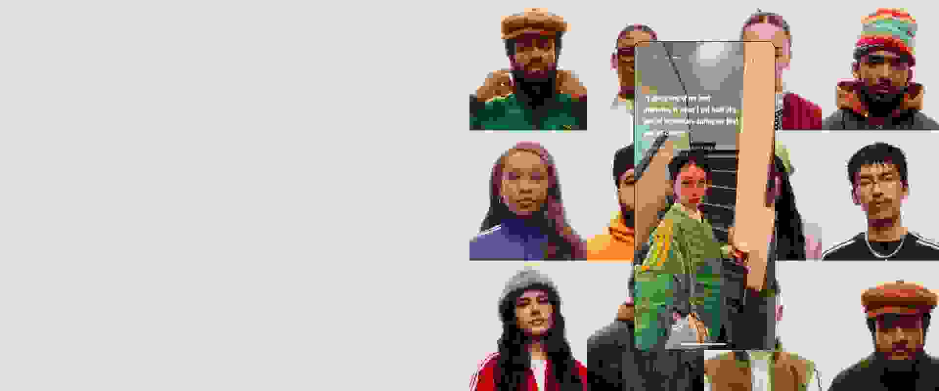 The image appears to be a collage or montage featuring several human faces, with a tall building or skyscraper in the background.