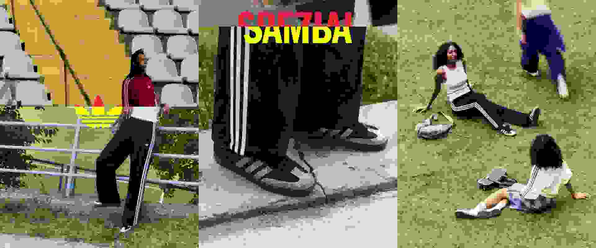 Bildet viser en visning av Gazelle merkevaresko, med folk som går i bakgrunnen iført ulike klesstiler.