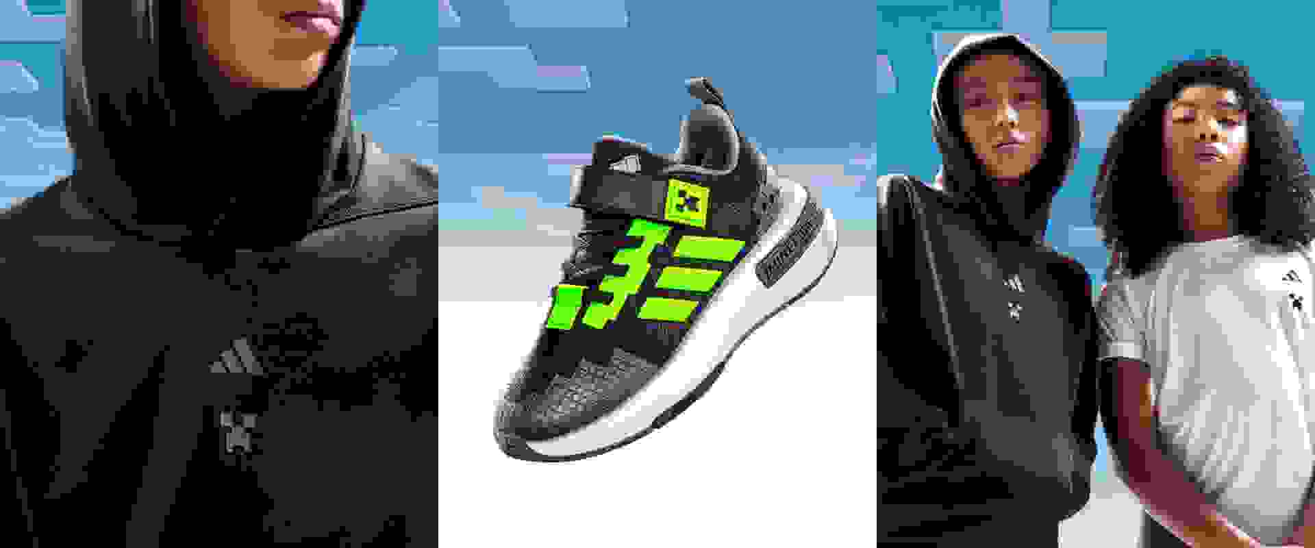 Trái: một cậu bé mặc quần áo xanh của adidas x Minecraft, đứng trên nền 3D. Trung tâm: khung cảnh Minecraft với các yếu tố chủ đề adidas. Đúng vậy: một đứa trẻ và một cậu bé lớn tuổi hơn với bộ tracksuit adidas x Minecraft, đặt trên nền tảng 3D.