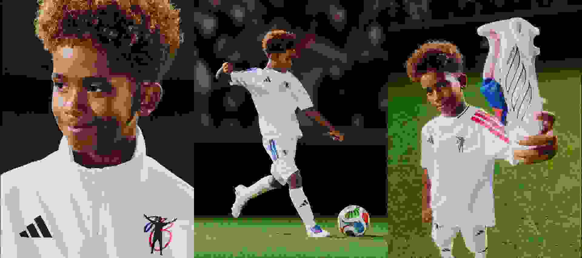 A smiling boy with curly brown hair plays football in the adidas Jude Bellingham collection, captured in playful moments.