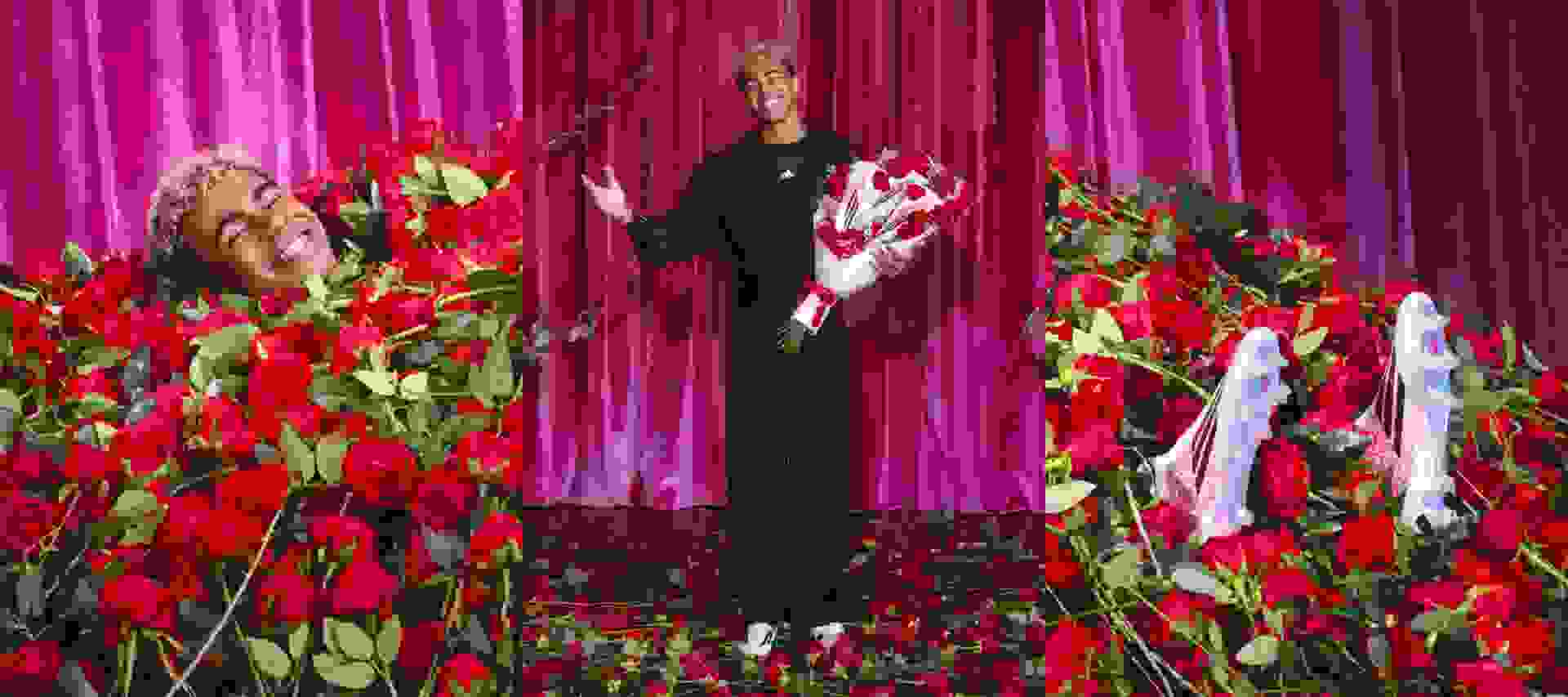 Lamine Yamal grins surrounded by red roses, dressed in his new adidas collection and signature white, black, and red F50 boots.