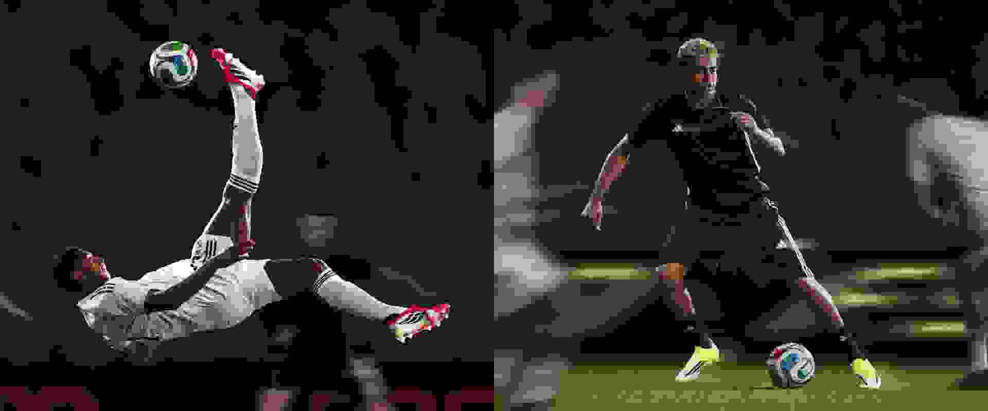 This image depicts two men, against a faded red, white, and lime green background, with the one on the left is holding a football boot, and the one on the right balancing it on his finger.