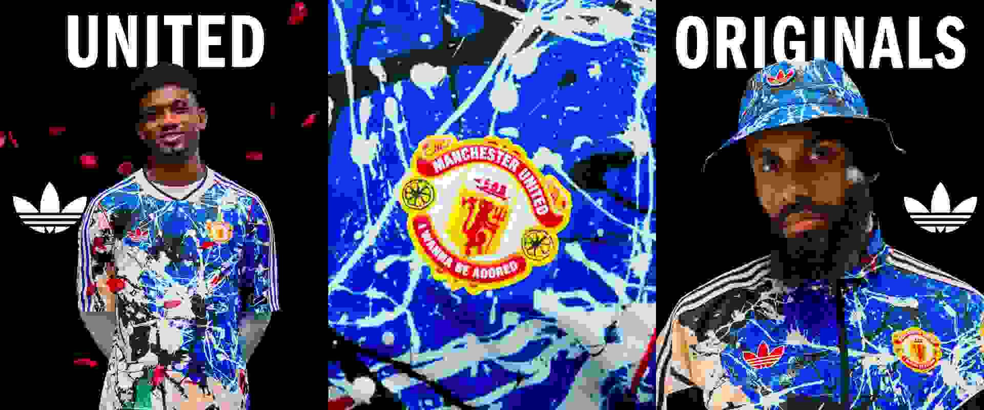 The image features two individuals wearing colorful, patterned jerseys with the Manchester United logo prominently displayed. The background appears to be a stage or performance setting, with various lighting and visual elements creating a vibrant and dynamic atmosphere.