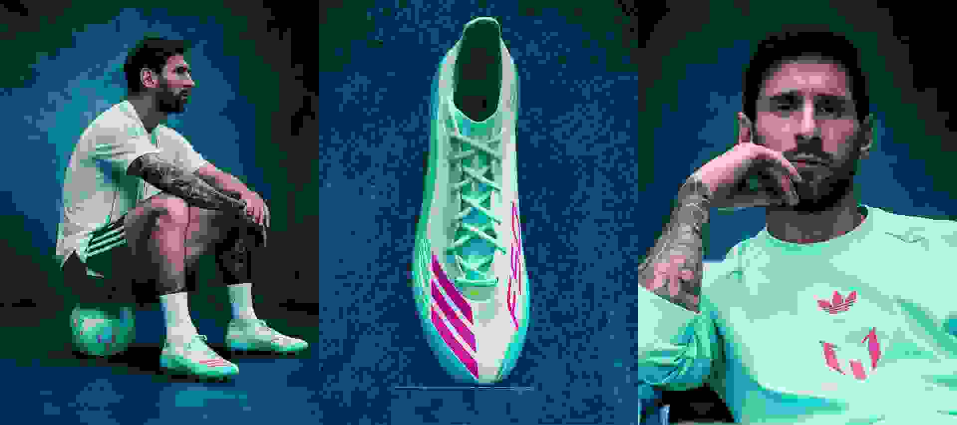 Lionel Messi tạo dáng trong phòng tập tràn ngập ánh sáng xanh đầy tâm trạng, mặc bộ sưu tập adidas mới của anh và nhìn thẳng vào camera.