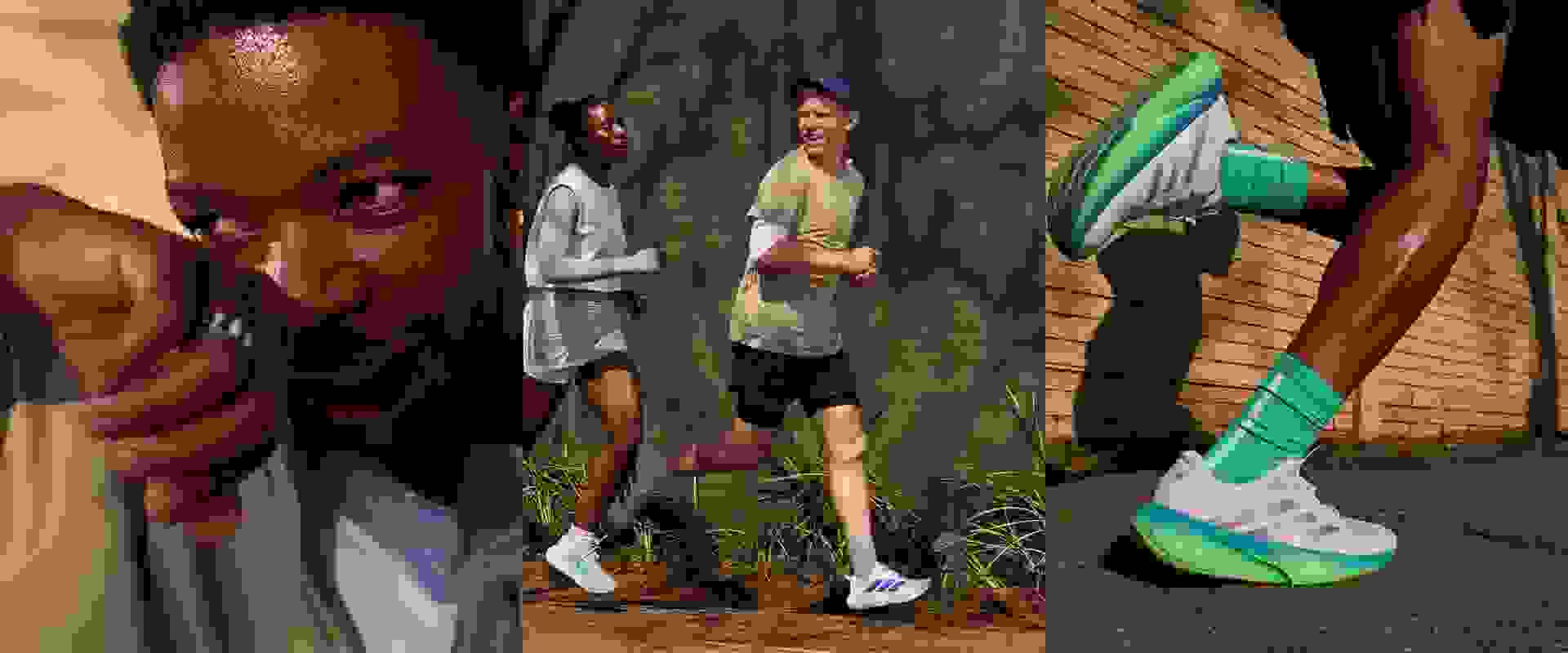 Hình ảnh này cho thấy một góc nhìn cận cảnh của một người ở phía trước, với hai người khác xuất hiện ở phía sau, một người đứng ở khu vực đẳng cấp và người kia mang giày thể thao.