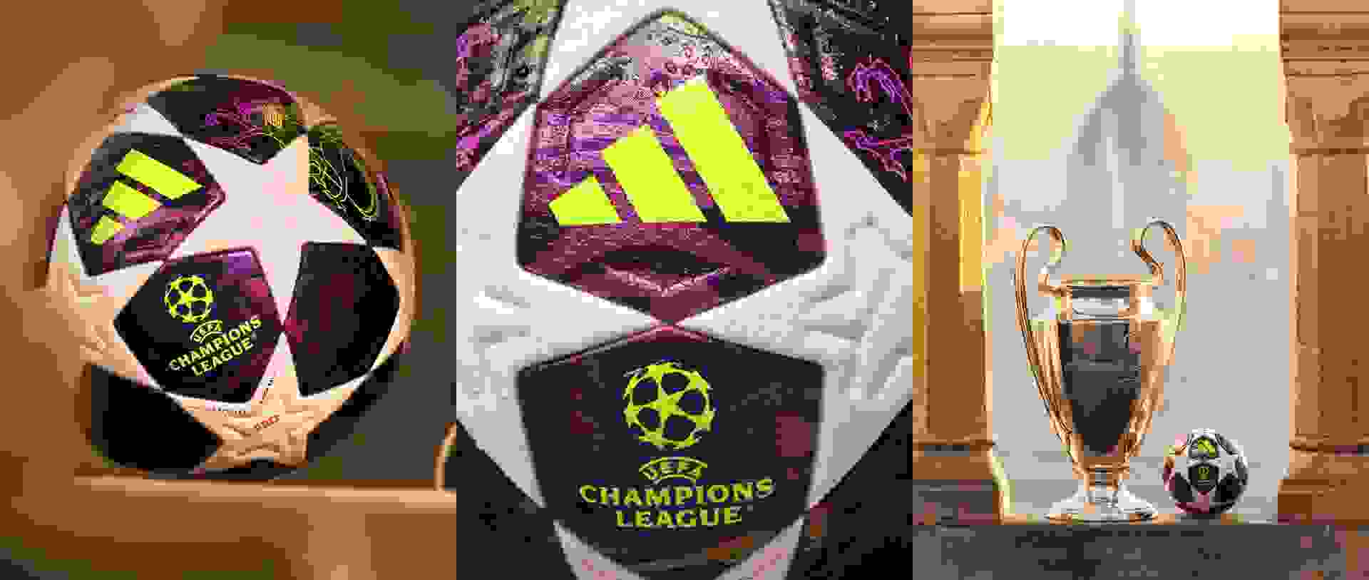 De afbeelding toont verschillende voetbalgerelateerde items, waaronder een Champions League-trofee en voetballen met het adidas logo en Champions League-logo.