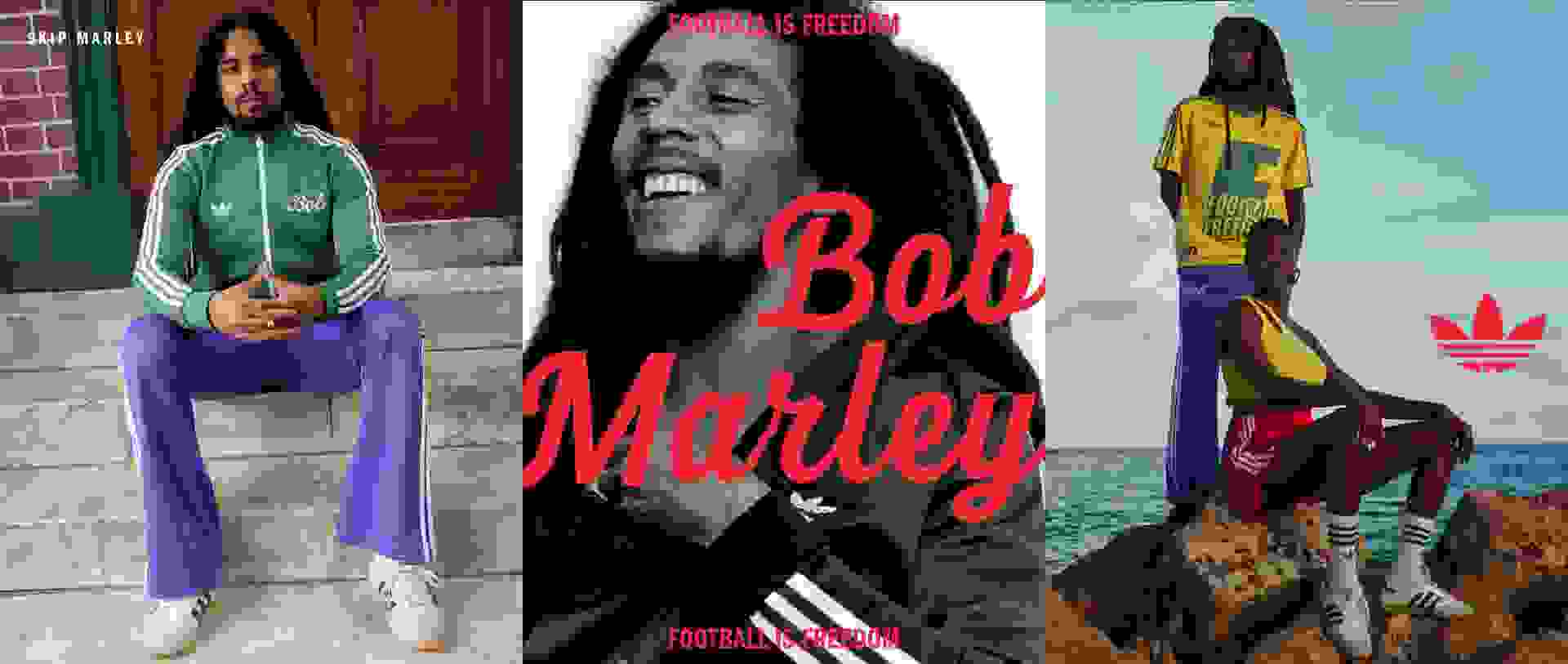 Composition visuelle avec des mannequins hommes et femmes portant la nouvelle collection Jamaïque Bob Marley.