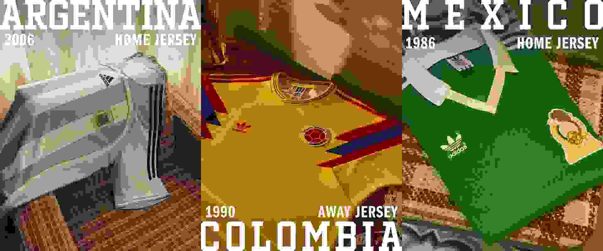 L'immagine mostra una maglia da calcio gialla con la parola "Colombia" stampata, insieme ad altri articoli sportivi sullo sfondo.