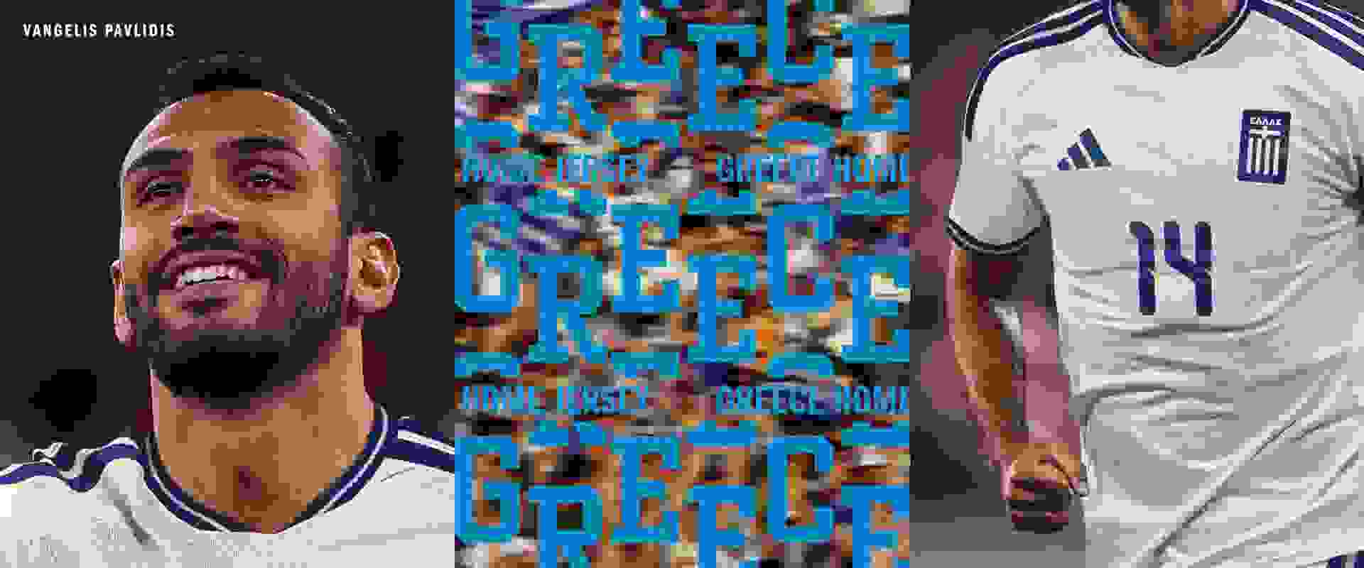 Η εικόνα δείχνει ένα κοντινό στο πρόσωπο ενός άνδρα, πιθανότατα ποδοσφαιριστή, με ένα μεγάλο πανό στο φόντο που περιλαμβάνει το κείμενο "Ελλάδα Ελλάδα Ελλάδα" και μια ποδοσφαιρική φανέλα με τον αριθμό 14.