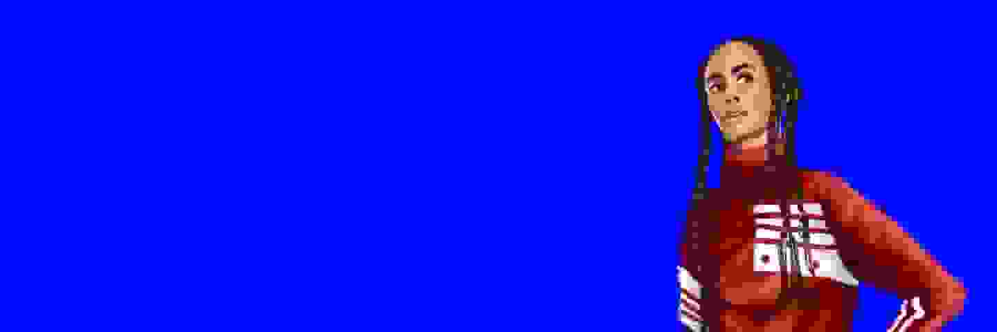 A person wearing a red jersey stands against a vibrant blue background.