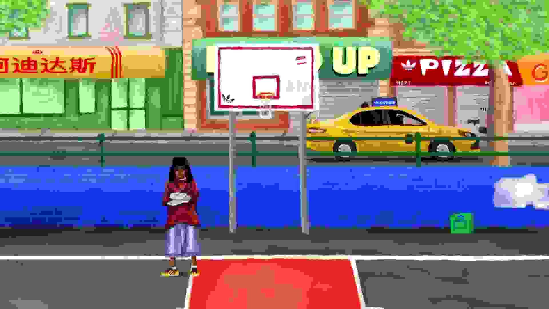 A person in casual clothing stands on a basketball court in front of a colorful urban street scene with various businesses and a yellow taxi.