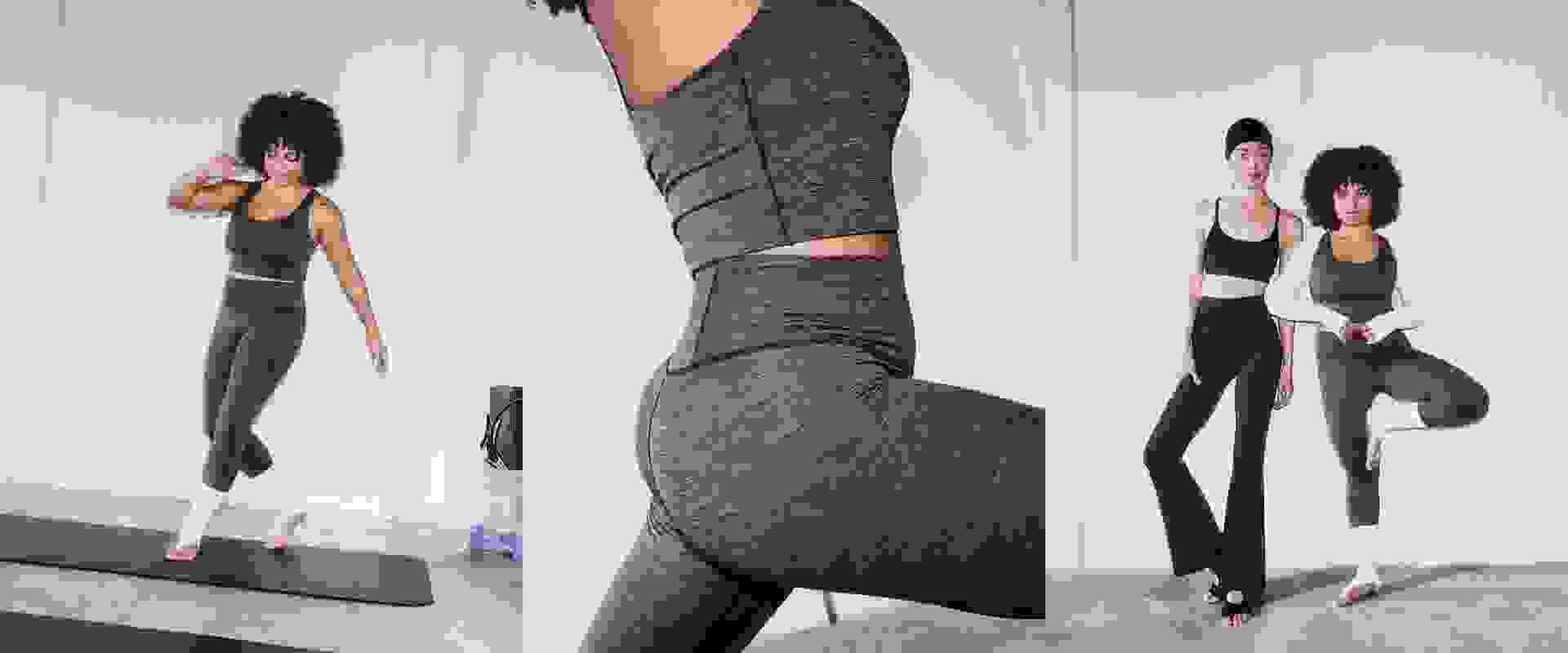 Hình ảnh này mô tả một số cá nhân mặc quần áo thể thao, bao gồm quần legging và áo ngực thể thao, đứng trên thảm tập với hình như là một phòng tập hoặc phòng gym.