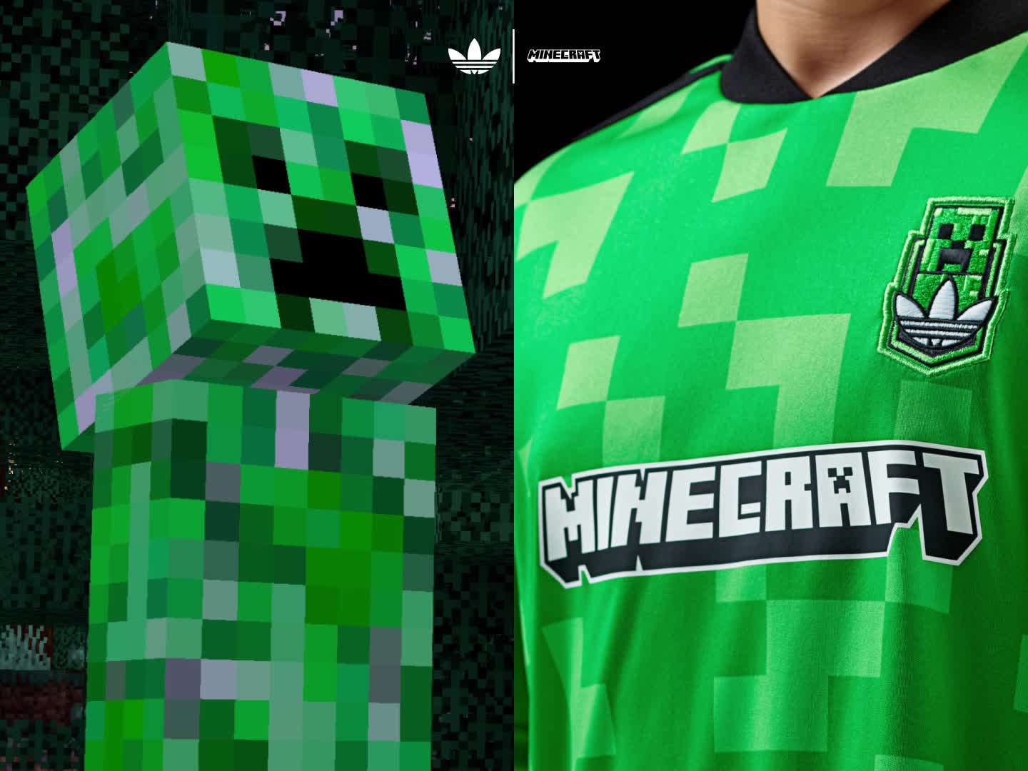 The image features a green and gray pixelated pattern in the foreground, resembling a Minecraft-style design, along with a pair of green and white sneakers in the background.