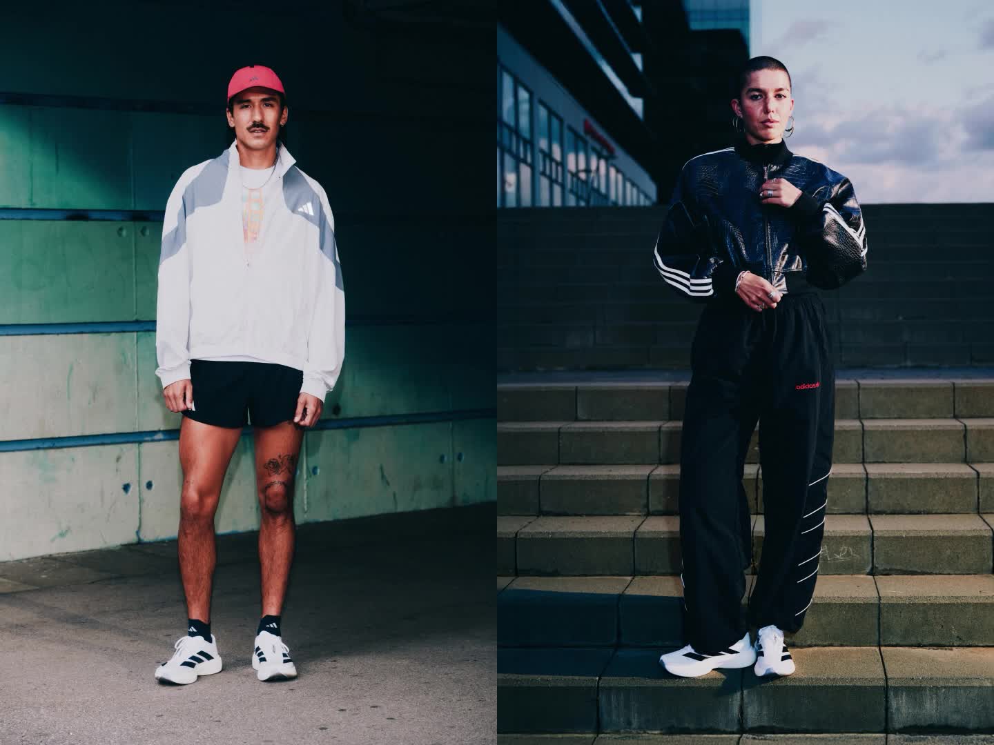 The image shows a person wearing a white hoodie and red pants standing on a sidewalk, with a car in the background.