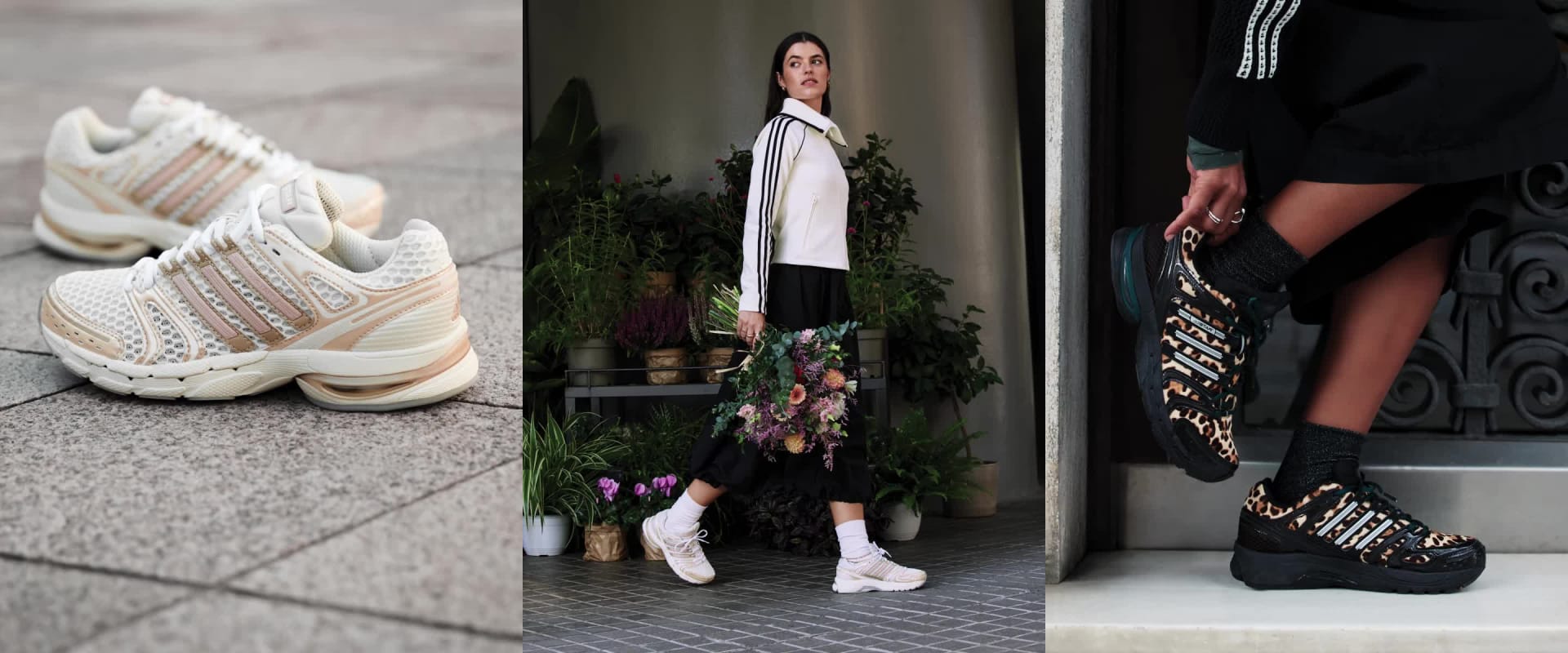 L'immagine mostra una persona che indossa indumenti scuri e sneaker mentre cammina attraverso quello che sembra un negozio di abbigliamento o scarpe, con vari capi di abbigliamento e scarpe visibili sullo sfondo.