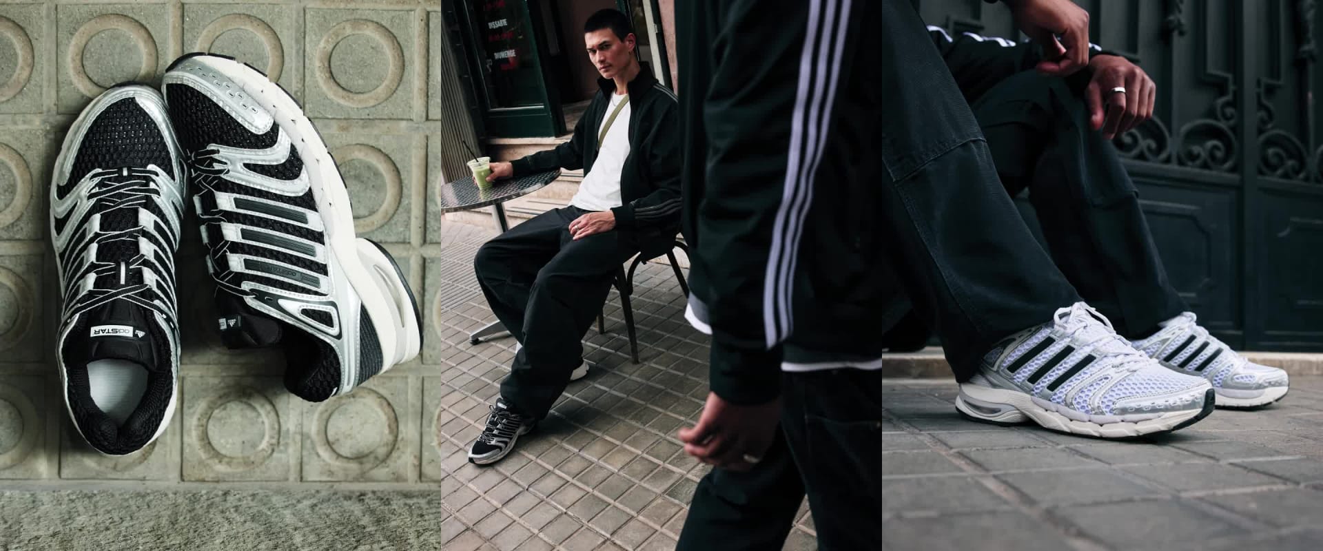 Eine Person, die dunkle Kleidung und Sneaker trägt, steht in einem Raum, der mit verschiedenen Kleidungsstücken und Schuhen gefüllt ist.