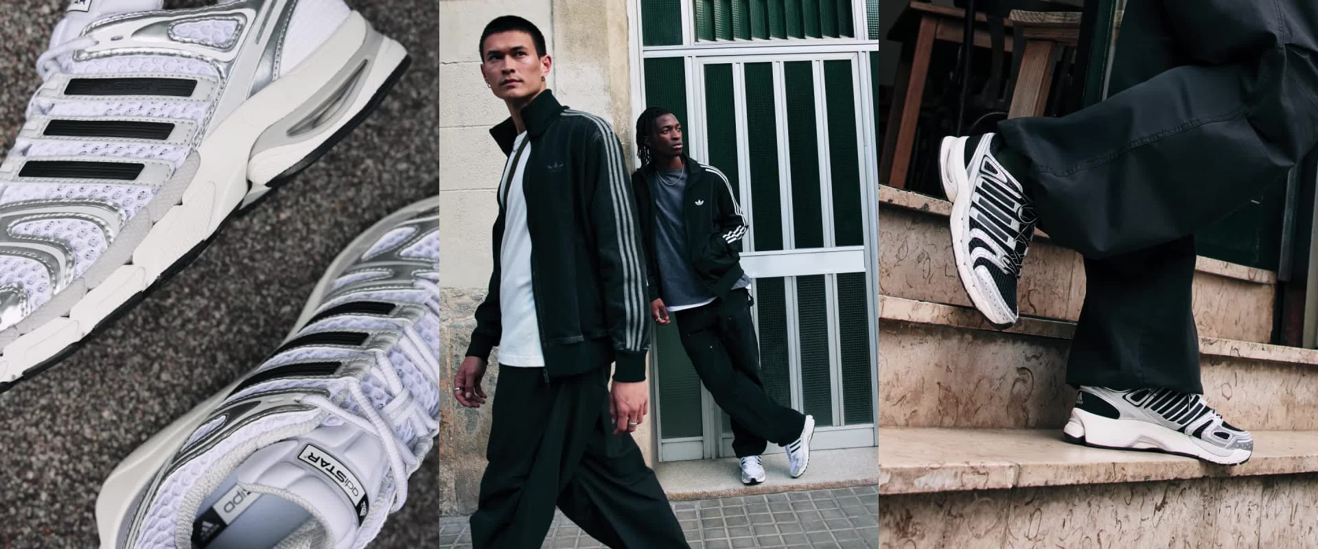 Eine Person, die einen schwarzen Anzug und weiße Sneaker trägt, steht vor einem blauen Fahrzeug, im Hintergrund ist eine Schreibmaschine zu sehen.