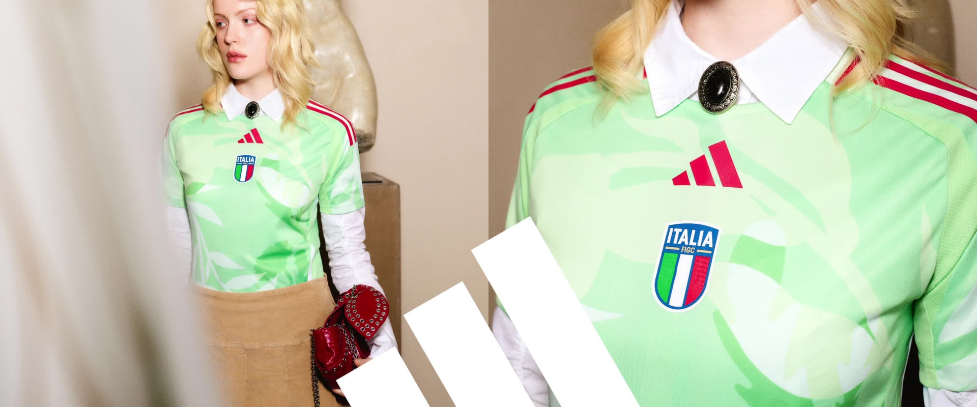 Na zdjęciu widać dwie osoby w koszulkach sportowych z logotypami i wzorami, stojące w miejscu, które wydaje się być korytarzem lub halą.