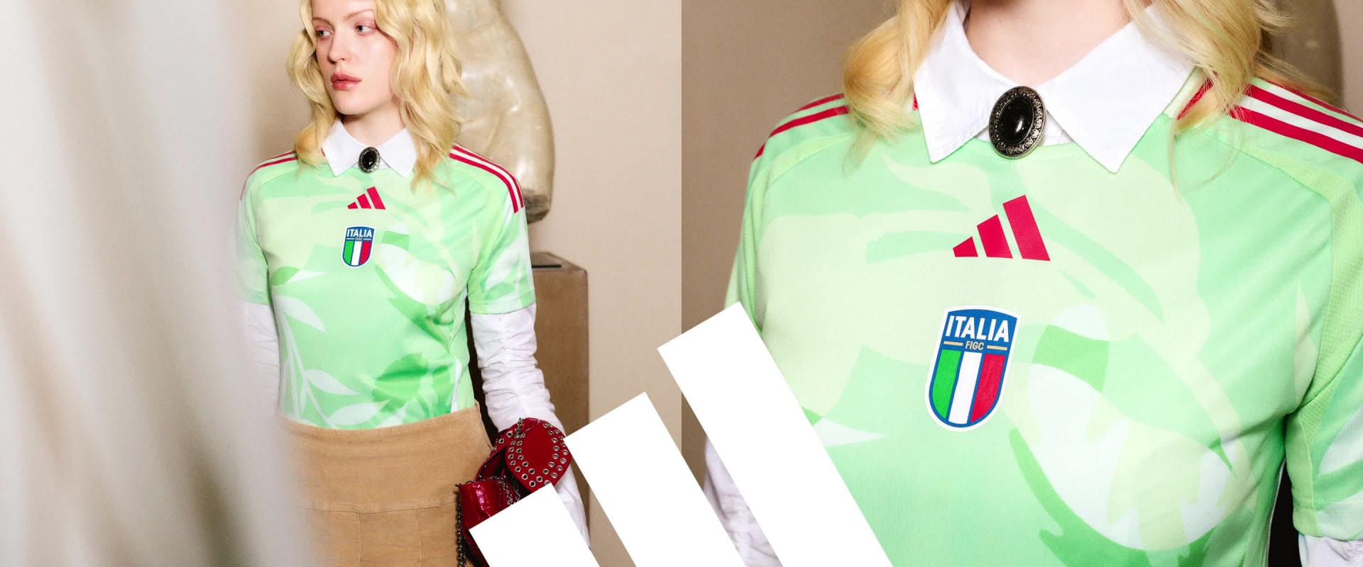 L'immagine mostra in primo piano una maglia verde e bianca con il logo della Nazionale italiana, indossata da una persona con lunghi capelli biondi.