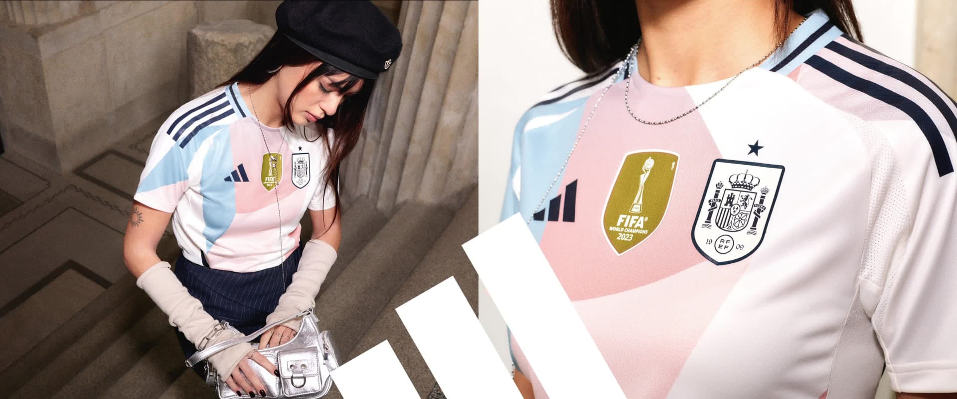 La imagen muestra a una persona con una camiseta blanca y rosa con varios logotipos y diseños, de pie frente a un fondo liso.