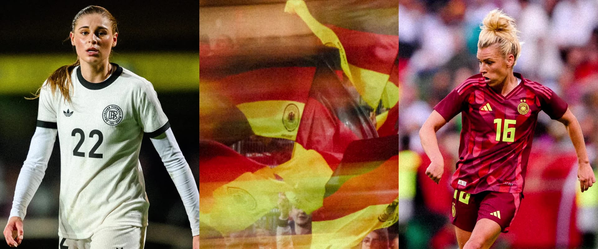 Auf dem Bild sind drei Spieler in Aktion zu sehen: ein Spieler in einem weißen, ein anderer in einem roten und der dritte in einem rot-gelben Trikot. Der Hintergrund scheint ein Fußballfeld mit leuchtenden Farben und Lichtern zu sein.