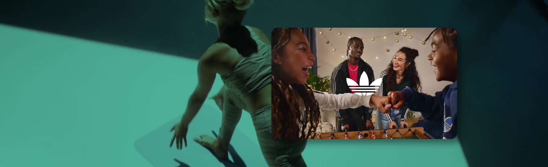 The foreground shows a group of people sitting together, while the background appears to be a blurred natural setting with trees and a warm, golden-yellow hue.