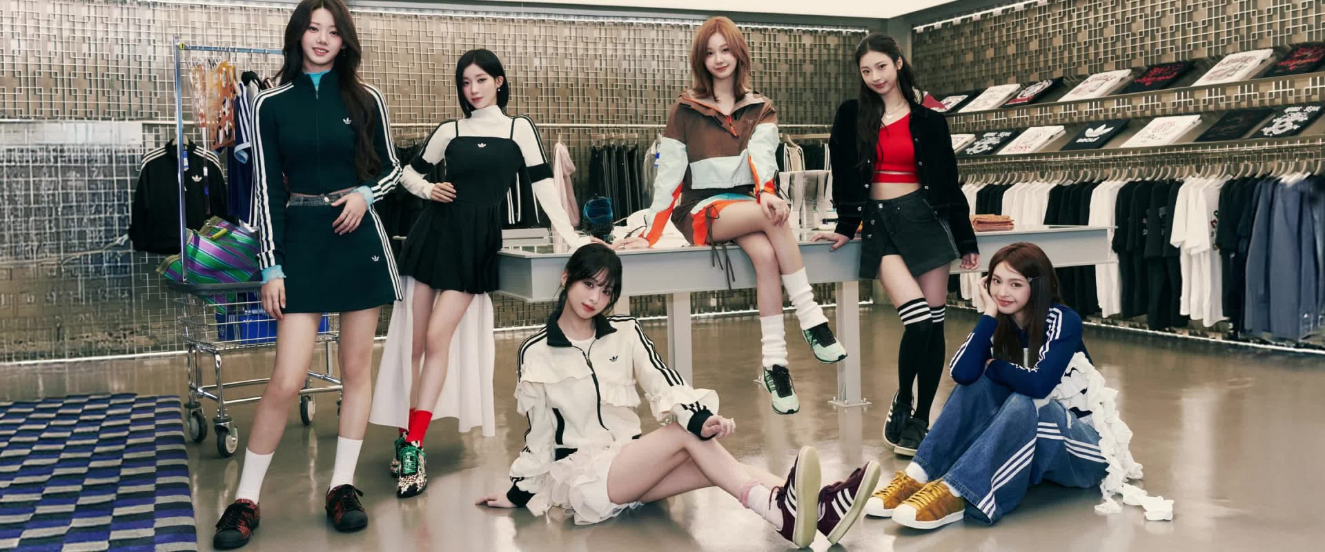 A blurred and crowded scene with various clothing items and accessories scattered on the floor in the foreground.