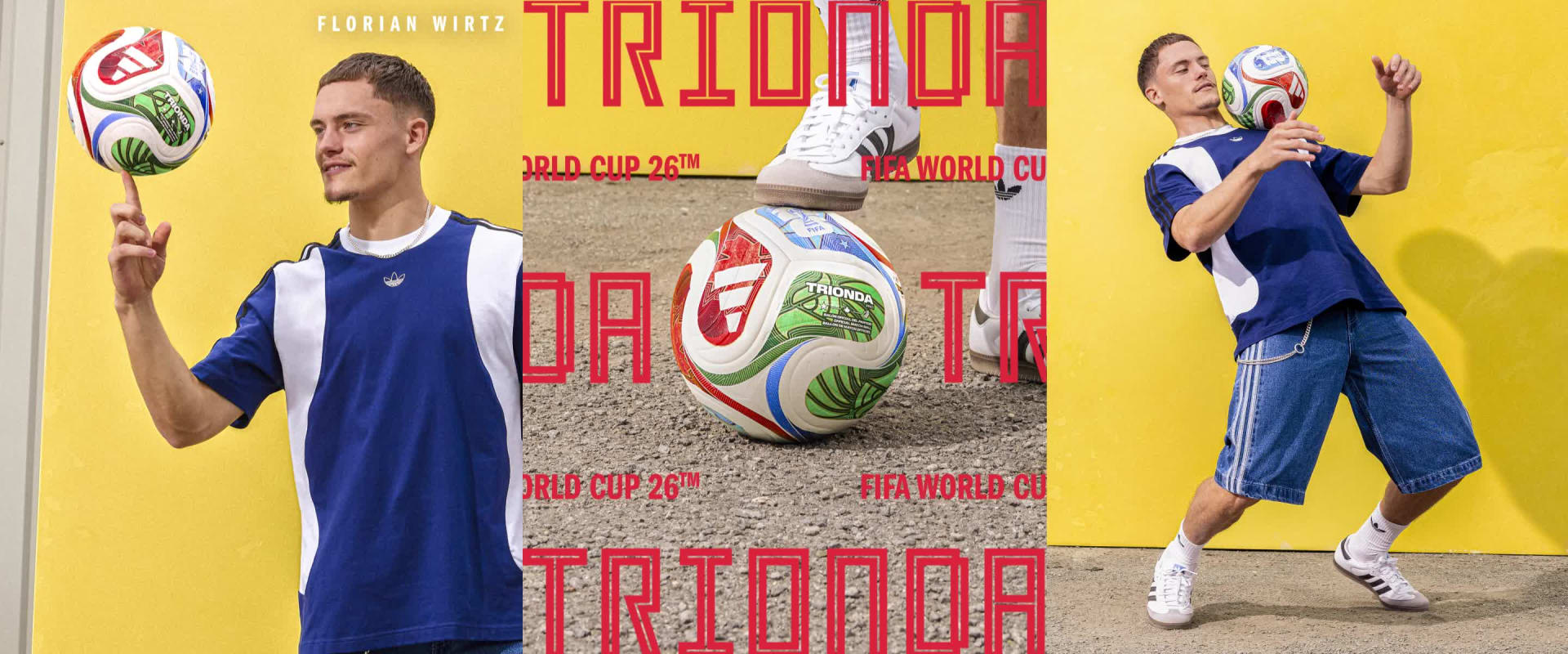 The image features two soccer players in uniform, one holding a soccer ball, against a bright yellow background with the word "TRIONDA" prominently displayed.