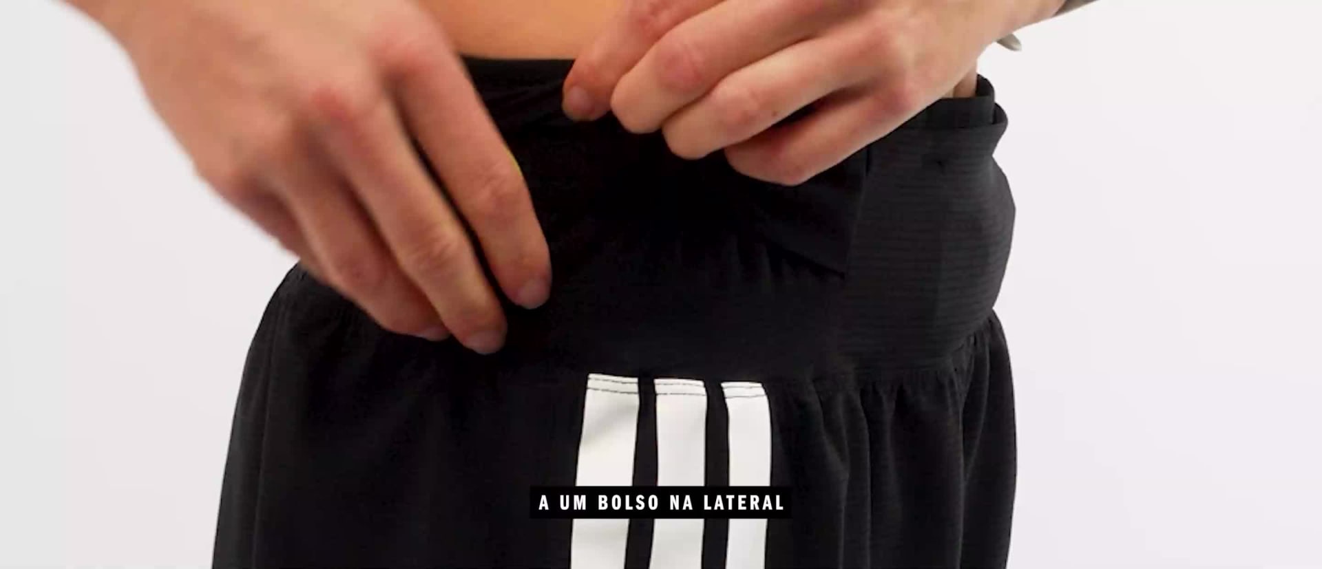 The image shows a pair of white and black athletic shorts with the text "ADIZERO GEL POCKET SHORT" printed on them.