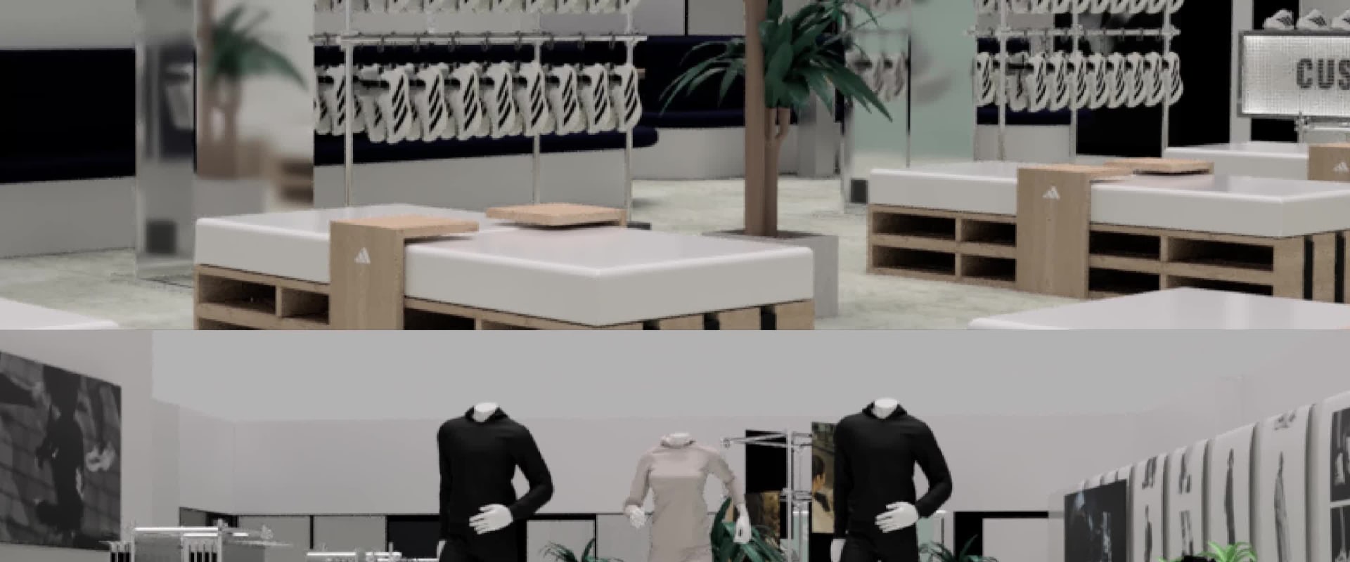 The image depicts a minimalist architectural display with various geometric shapes and structures in a monochromatic color scheme, creating a stark and visually striking composition.