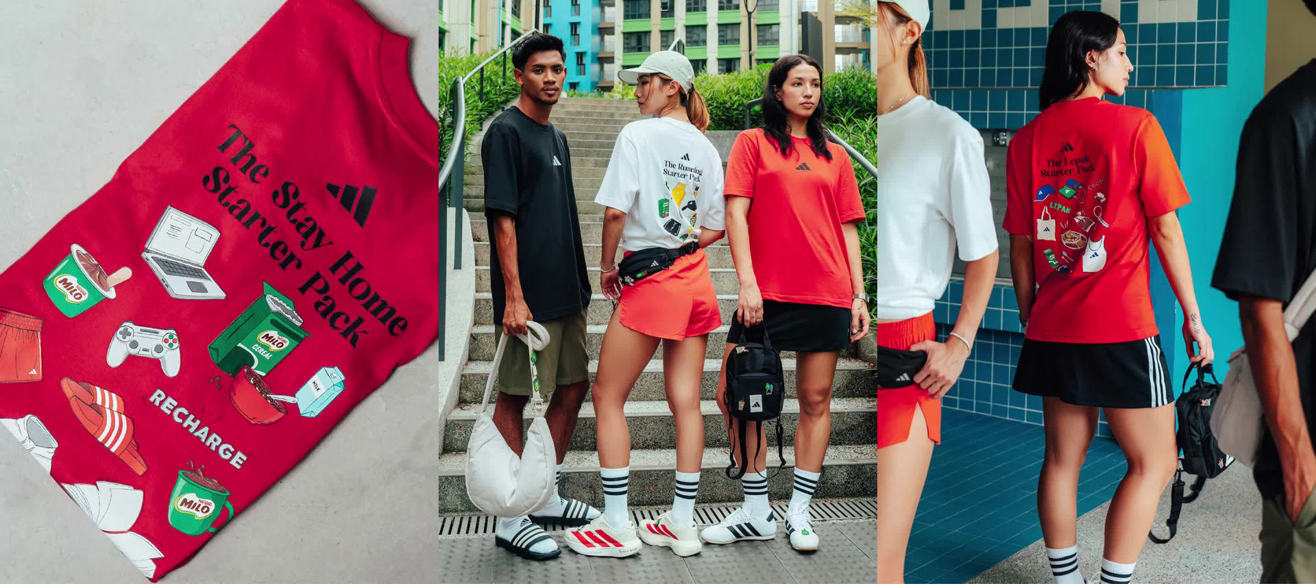The image shows three people wearing colorful t-shirts with various designs, standing in front of a vibrant, patterned wall.