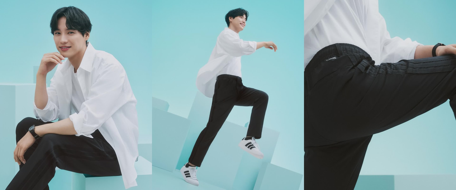 The image features three individuals wearing white shirts and black pants, posing against a teal blue background.