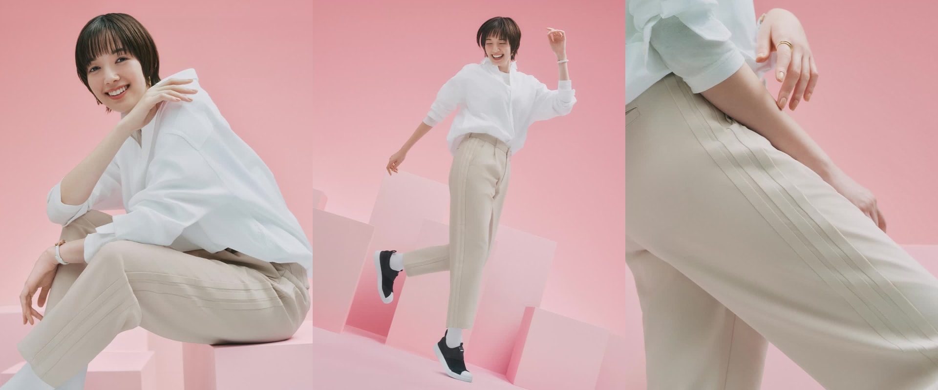 Three individuals wearing white clothing against a pink background.