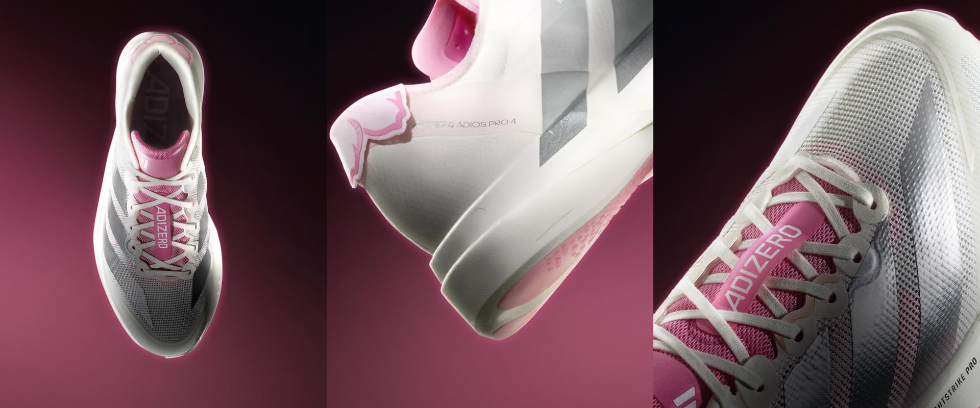 The image shows a pair of white and pink athletic shoes against a dark background, with the shoes' laces and soles prominently featured.