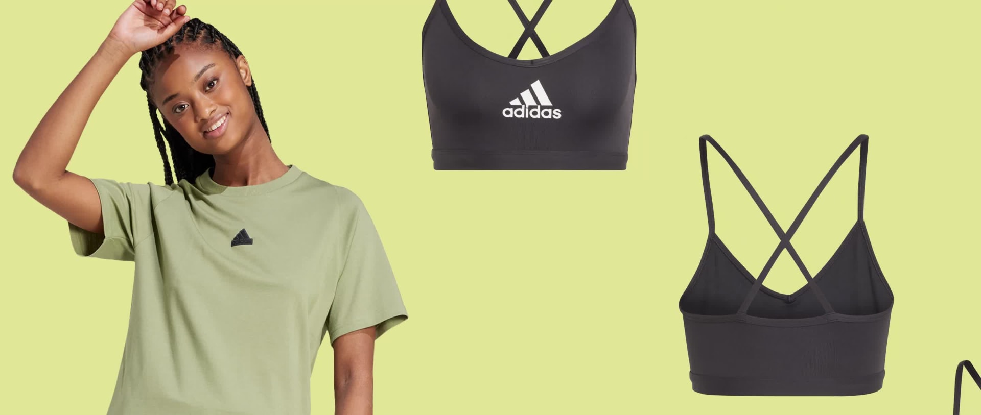 L'image montre une femme portant un t-shirt vert clair et une brassière de sport noire, avec un logo adidas visible sur la brassière. Le fond est de couleur jaune unie.