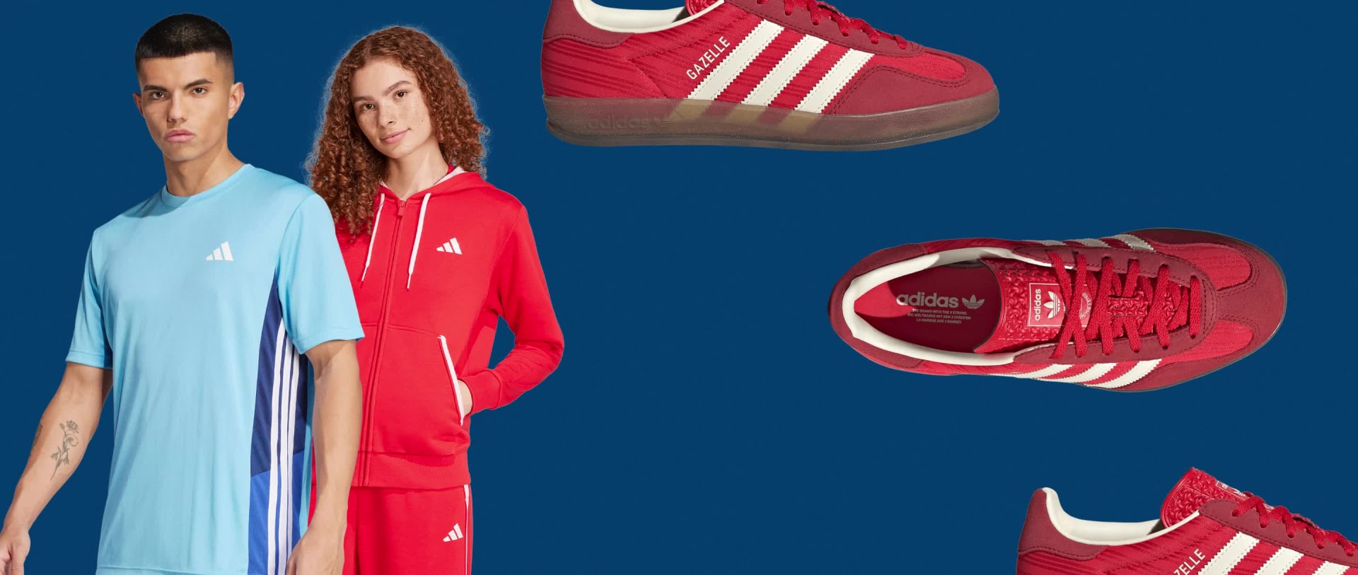 Δύο άτομα που φορούν casual ρούχα, το ένα με μπλε μπλούζα και το άλλο με κόκκινο jacket, στέκονται μπροστά από ένα μπλε φόντο. Η εικόνα περιλαμβάνει επίσης κοντινές λήψεις από κόκκινα και λευκά αθλητικά παπούτσια.