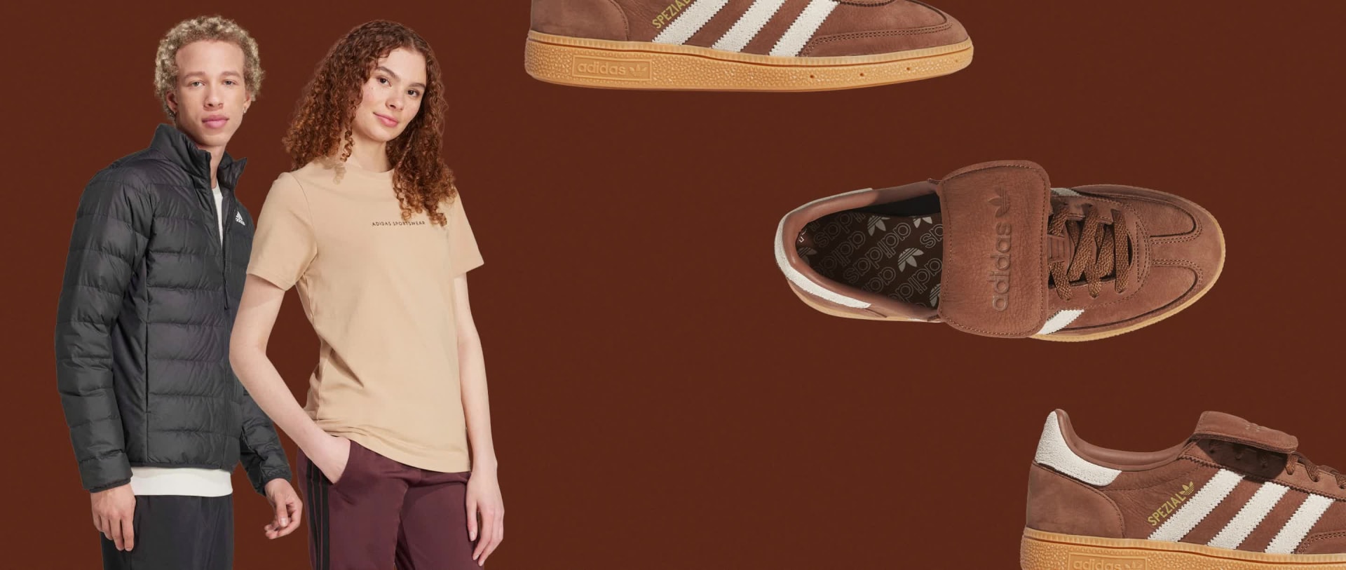L'image montre deux personnes, un homme et une femme, debout devant un fond marron. Au premier plan, il y a différents designs de chaussures, dont une paire de sneakers adidas.
