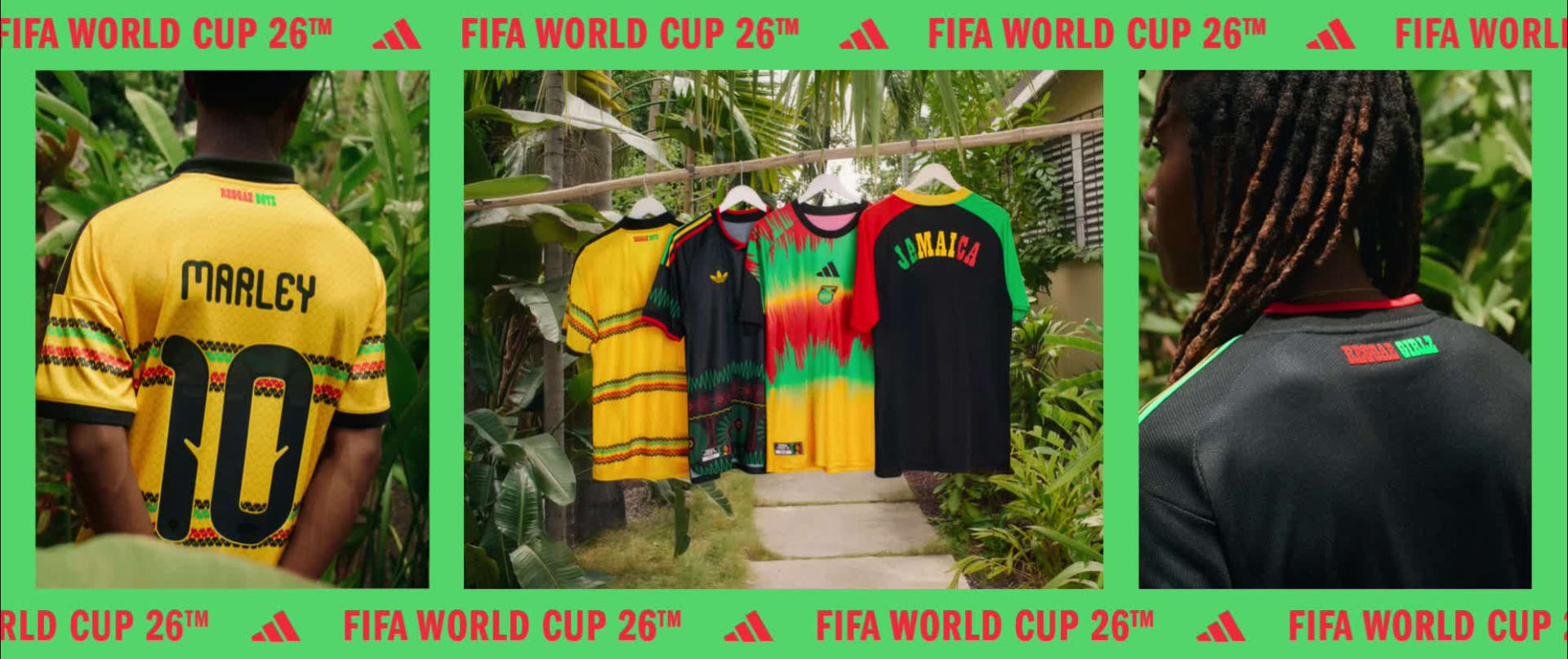 Visual composition featuring the new Jamaica Home and Away kits