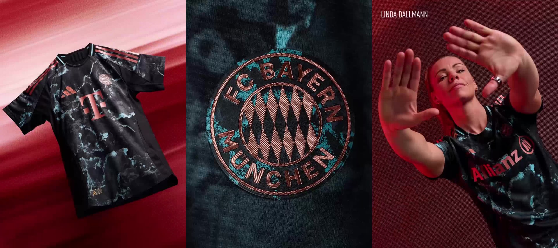 Composición visual de jugadores y jugadoras vistiendo la nueva segunda equipación del FC Bayern 24/25